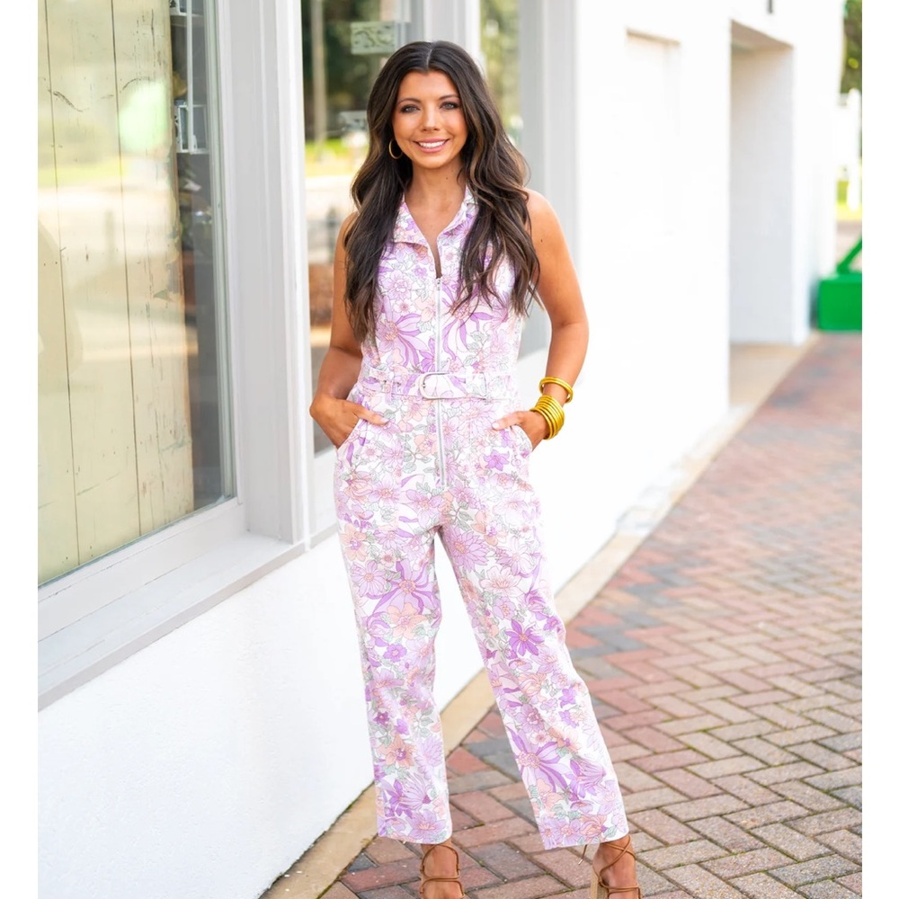 Women’s Lavender and White Floral Utility Jumpsuit Size Large Denim Feel